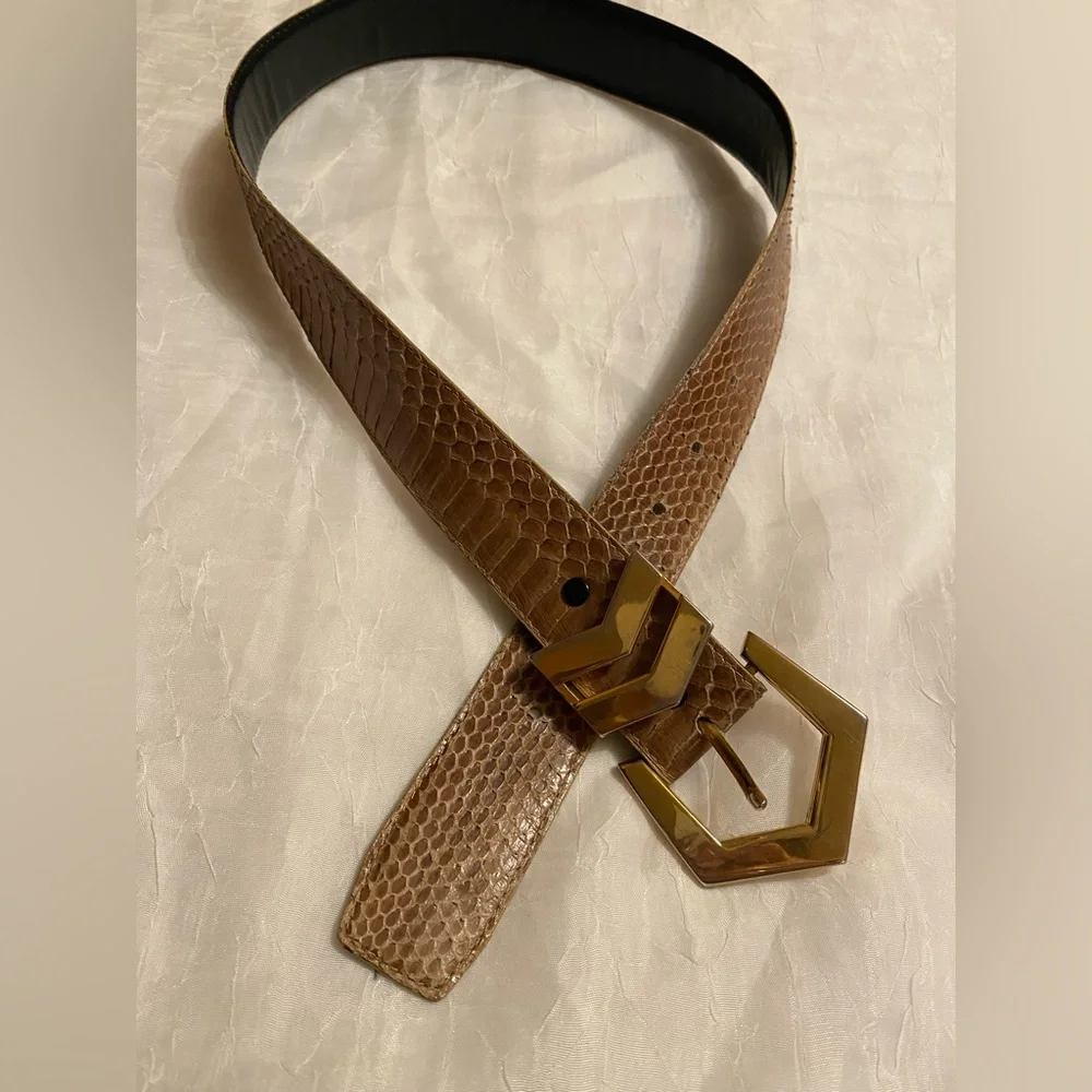 Vintage genuine snake skin arrow gold buckle belt L